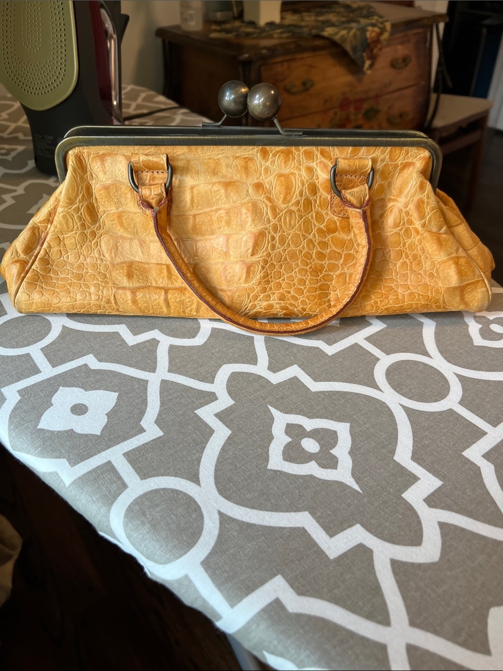 Croc-Embossed Yellow Frame-Top Satchel